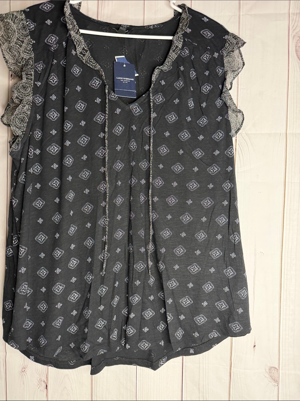 Lucky Brand Black Printed Flutter Sleeve Tunic 1x-1167